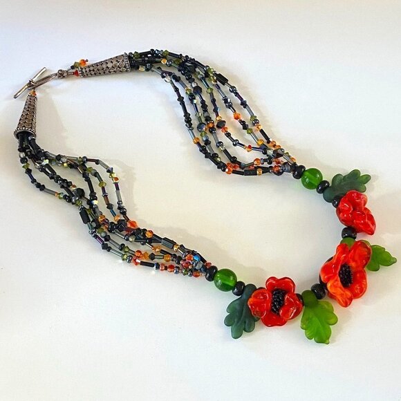 Poppy Lampwork Crystal And 925 Silver Necklace One Of A Kind Handmade EUC - Picture 1 of 12